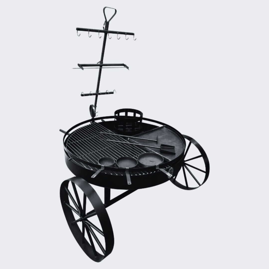 Combo Carretón 100 cm – Fogonero + Parrilla + Estaca Cruz + Plancha + Brasero